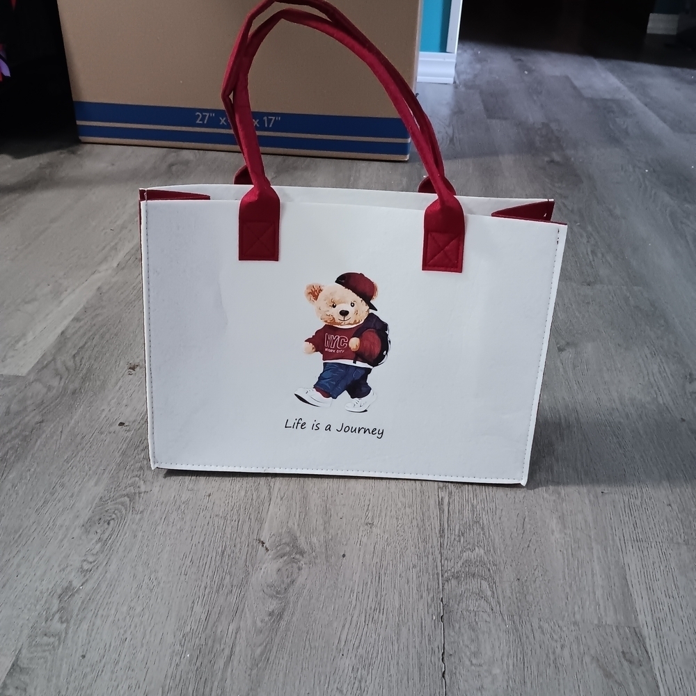 White Tote Bag with Bear Design and Red Handles